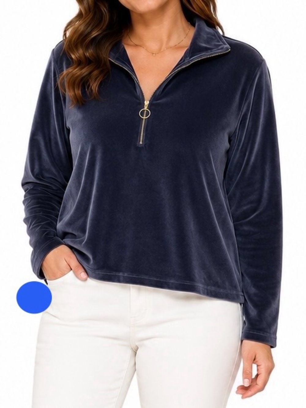Blue Velvet Velour Quarter Zip Pullover Top XL Soft Stretch Long Sleeve